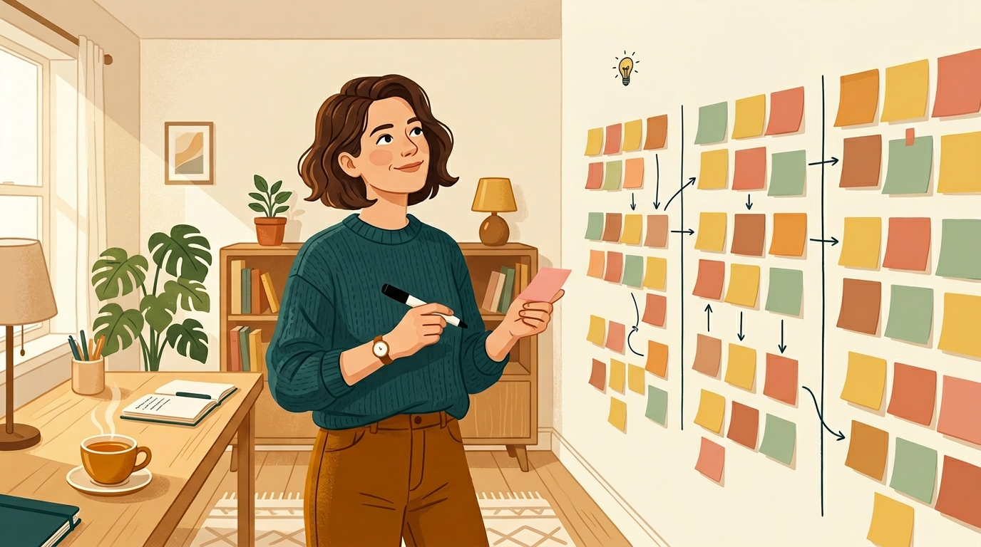Woman outlining her book using the 3-Act Post-It Method on a wall covered in colourful sticky notes